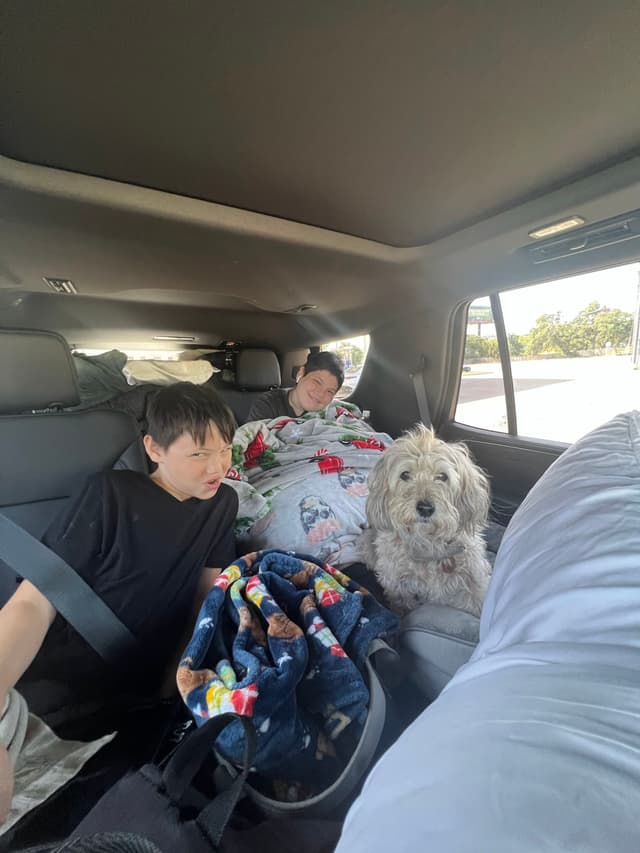 Two children and a dog are sitting in the backseat of a car. The children are surrounded by blankets, and the dog is sitting between them