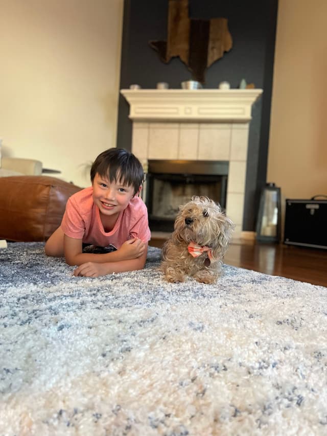 A child in a pink shirt lies on a carpet next to a small dog in a living room with a fireplace in the background