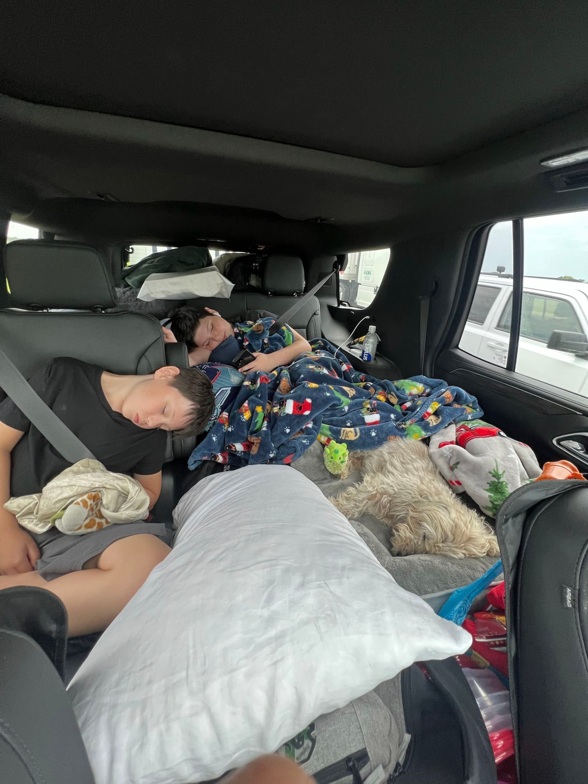 Two children are sleeping in the backseat of a car, surrounded by pillows, blankets, and a small dog