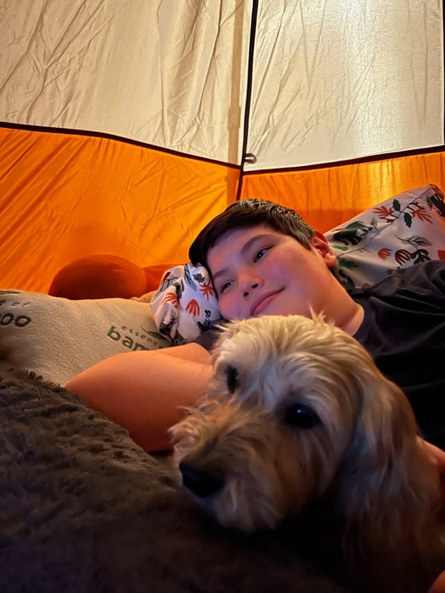 A person lying inside a tent with a small dog resting nearby, both appearing relaxed and cozy