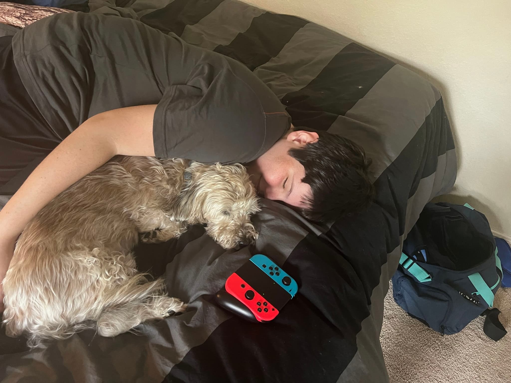 A person lying on a bed, cuddling with a dog. A gaming console with red and blue controllers is nearby, and a backpack is on the floor