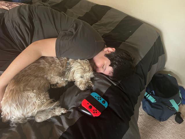 A person lying on a bed, cuddling with a dog. A gaming console with red and blue controllers is nearby, and a backpack is on the floor