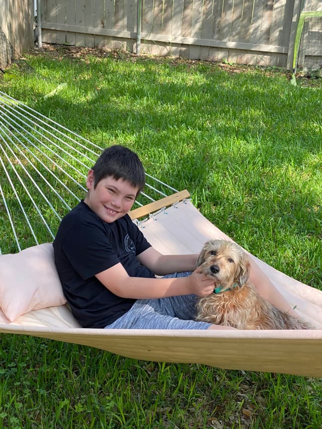 A boy sitting on a hammock in a grassy yard, holding a small dog