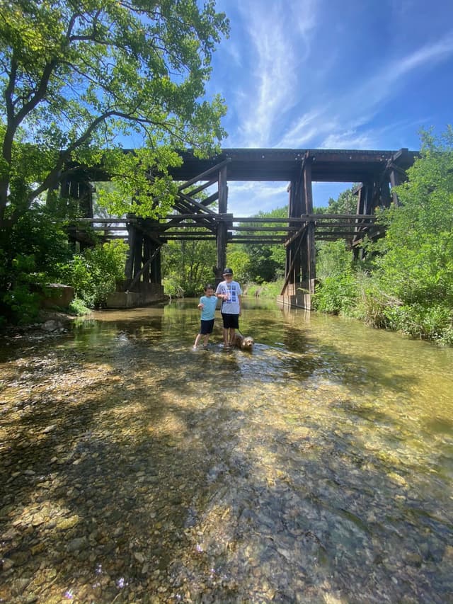 Two people standing in a shallow, clear stream with a wooden bridge overhead, surrounded by lush green trees under a blue sky with wispy clouds