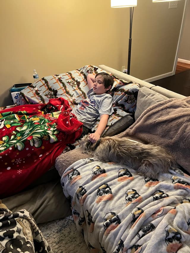 A child is lying on a couch covered with blankets, accompanied by a fluffy cat. The setting appears cozy and relaxed, with a lamp in the background