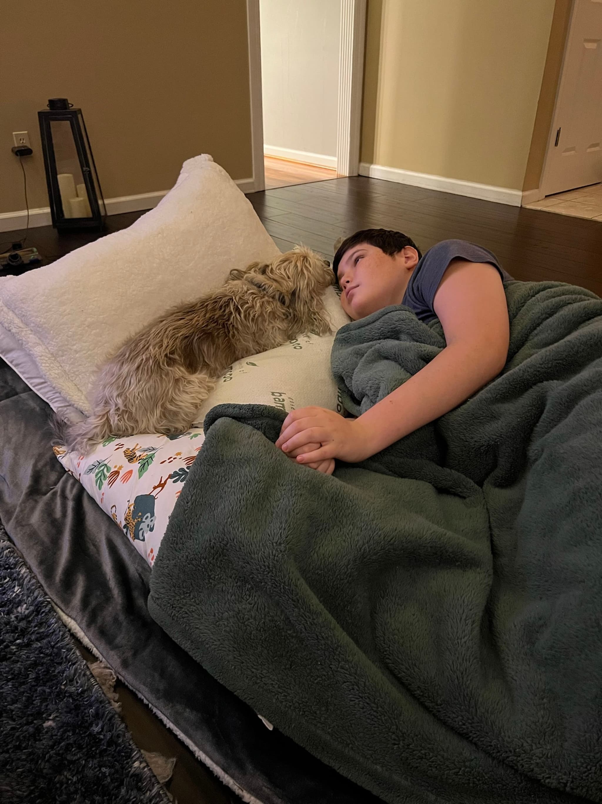 A person lying on a bed with a green blanket, accompanied by a small dog resting on a pillow beside them