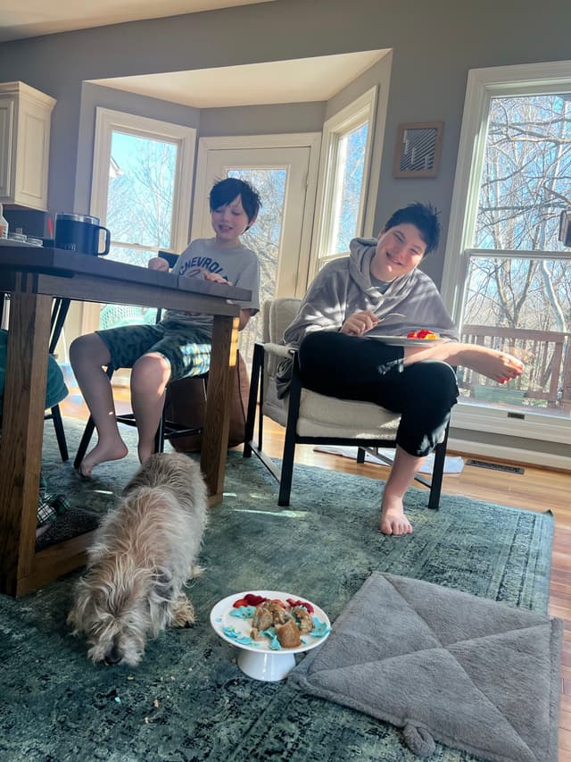Two people are sitting in a sunlit room, one at a table and the other in a chair, both engaged with their phones. A small dog is on the floor near a bowl of food