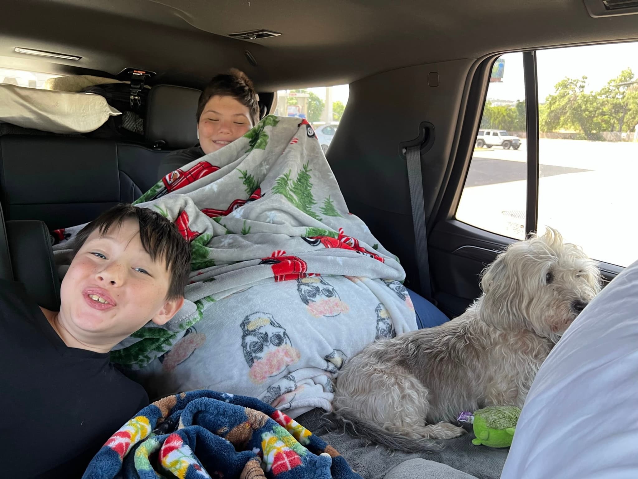 Two children and a dog are in the backseat of a car. The children are wrapped in blankets, and the dog is sitting beside them