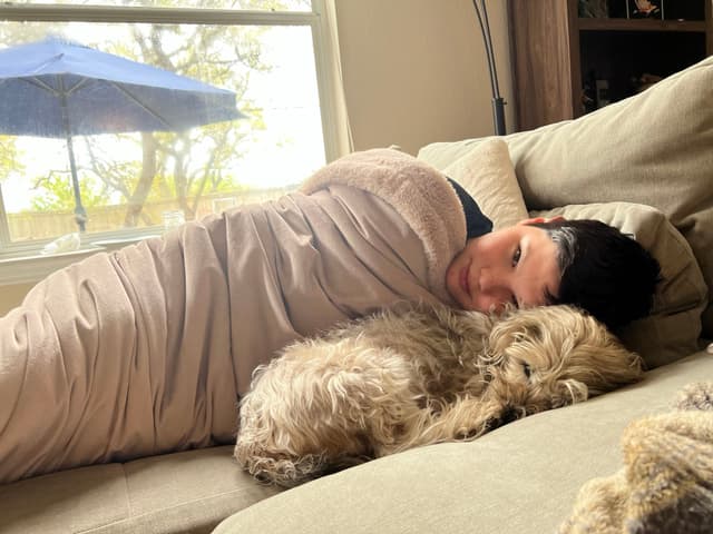 A person lying on a couch, wrapped in a blanket, with a small dog resting beside them. A window with a view of trees and a blue umbrella is in the background