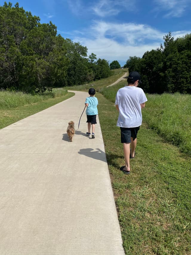 Two people walking a dog on a paved path through a grassy area with trees, under a blue sky with clouds