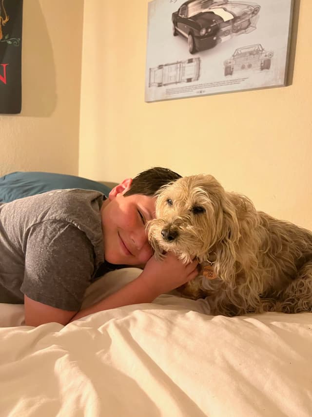 A person lying on a bed, smiling and cuddling with a fluffy dog