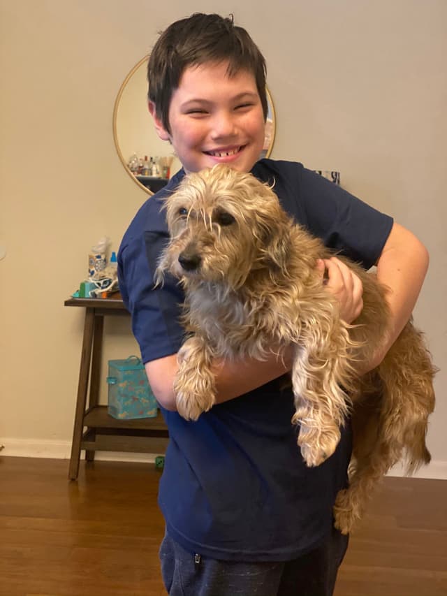 A smiling child holding a fluffy dog indoors, with a wooden floor and a small table in the background