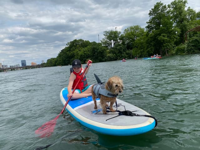A person wearing a helmet and life jacket paddles on a stand-up paddleboard with a small dog also wearing a life jacket. They are on a body of water surrounded by trees, with a cloudy sky above
