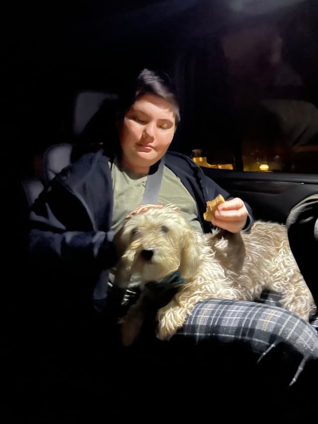A person sitting in a car at night, petting a dog on their lap while holding a snack