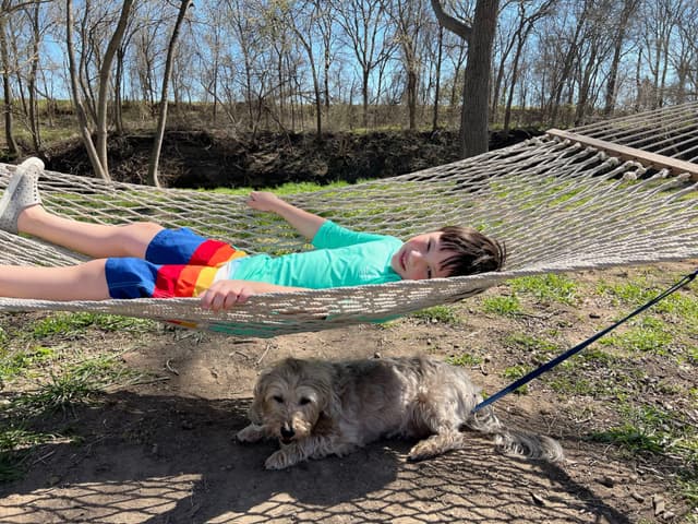 A person relaxing on a hammock wearing colorful shorts and a turquoise shirt, with a dog lying on the ground underneath. Trees and grass are in the background