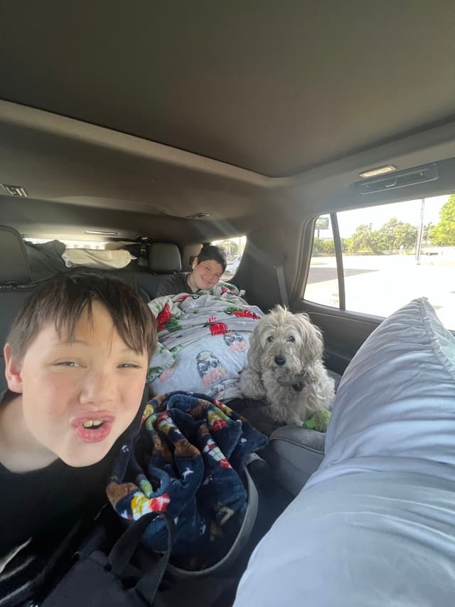 Two children and a dog are in the back of a vehicle. One child is making a face at the camera, while the other is wrapped in a blanket. A pillow is visible in the foreground